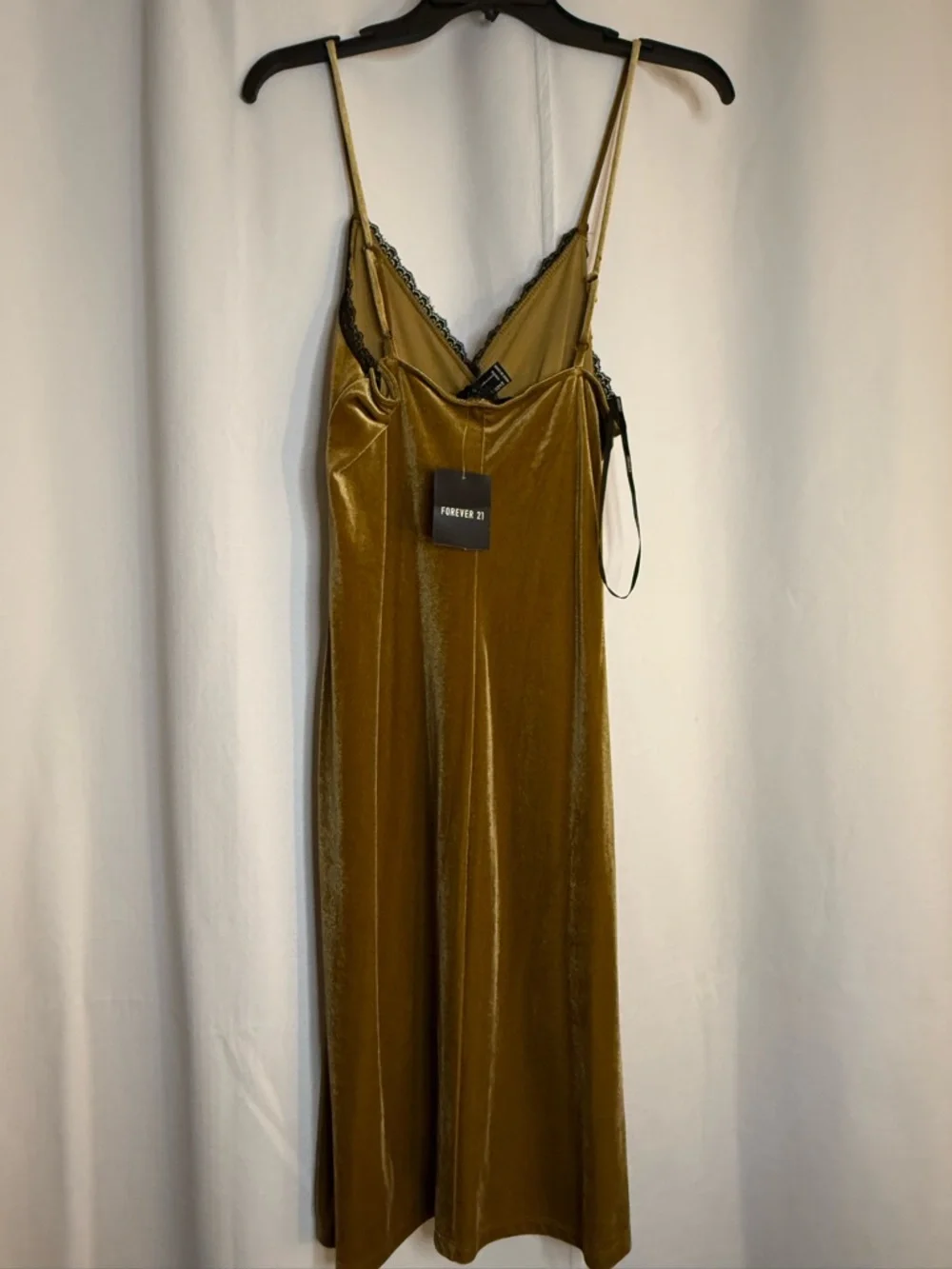 Forever 21 Mustard Velvet Slip Midi Dress with Black Lace Trim - Picture 3 of 3
